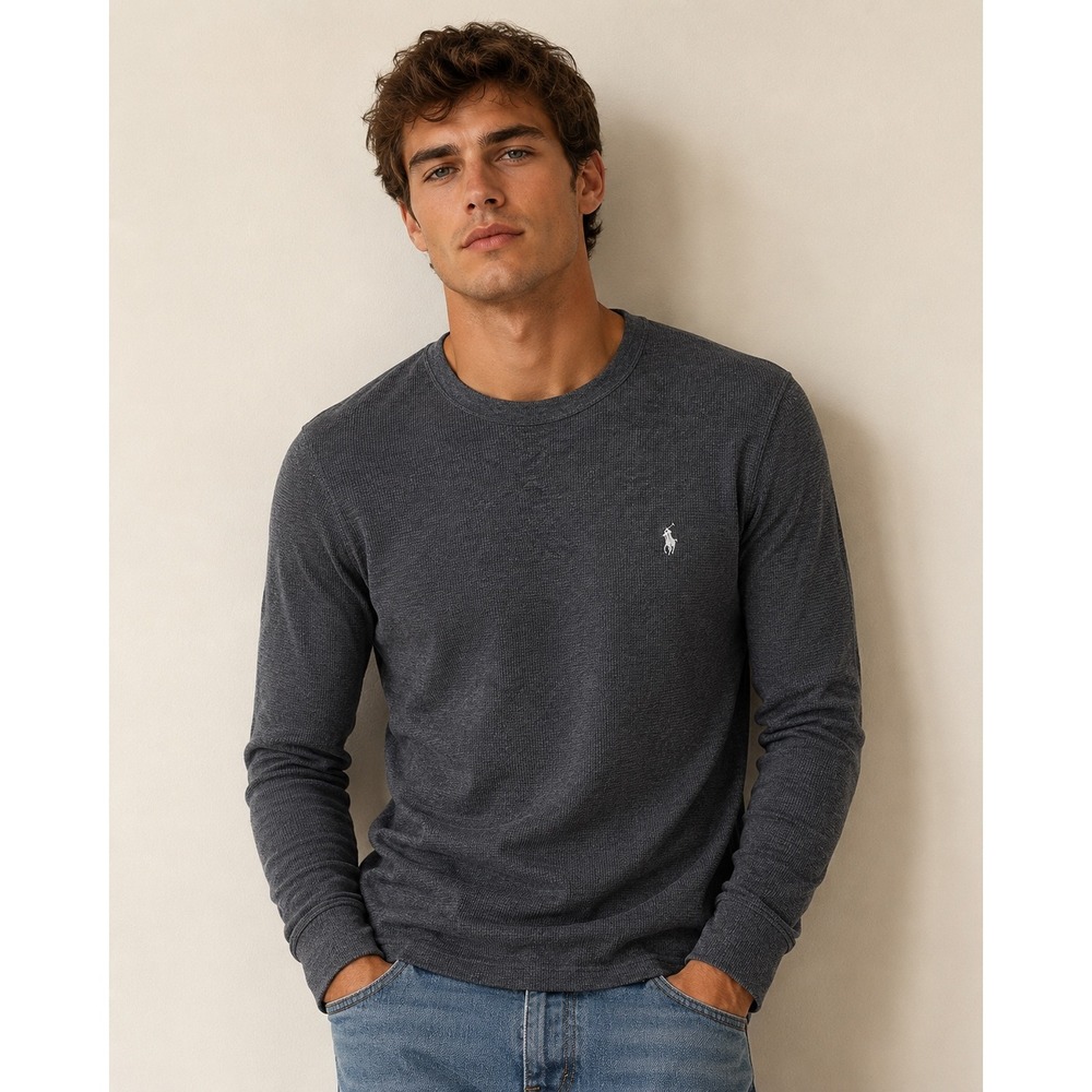 Polo Ralph Lauren Mens Charcoal Grey Waffle‎ Knit Thermal Long Sleeve Shirt M